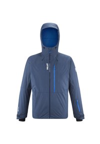 Blue waterproof jacket with hood, front and sleeve zip pockets, adjustable cuffs, and logo on chest and sleeve.