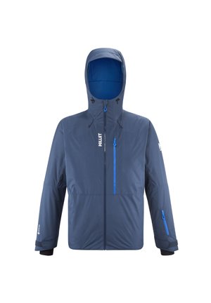Veste imperméable bleue avec capuche, poches zippées sur le devant et les manches, poignets ajustables, et logo sur la poitrine et la manche.
