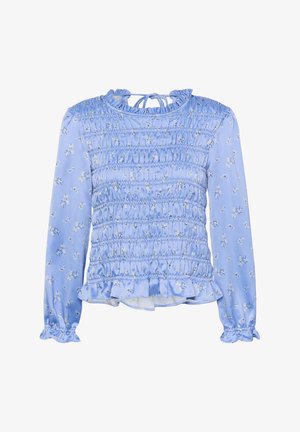 Šviesiai mėlyna ilgomis rankovėmis bluzelė su mažais baltais gėlių raštais, smock'uota krūtinė, raukšlėta apykaklė, rankogaliai ir apatinė dalis, bei nugaros ryšimo detalė.