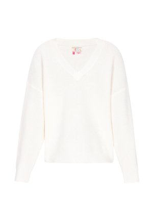 Witte gebreide trui met lange mouwen en een V-hals, plat weergegeven op een witte achtergrond.