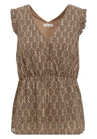 Haut marron à motifs avec un col en V, des manches courtes volantées et une taille élastique. Présente des motifs géométriques en beige, marron et bleu marine.