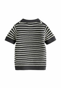 Lyhythihainen raidallinen poolopaita musta-kerma-yhdistelmässä, jossa on neulottu pinta ja pindollinen kaulus. Selkäpuolella on vaakaraidat.