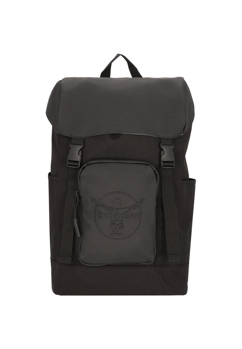 Black backpack with a flap closure, front pocket with embossed logo, side pockets, and adjustable straps. Made of durable fabric.