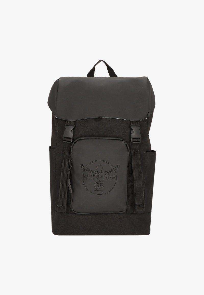 Black backpack with a flap closure, front pocket with embossed logo, side pockets, and adjustable straps. Made of durable fabric.