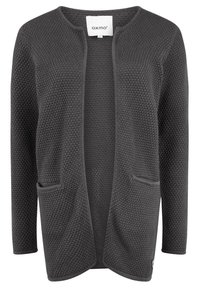 Gray textured cardigan with an open front, two front pockets, and a rounded neckline. Made from a lightweight, knitted fabric.