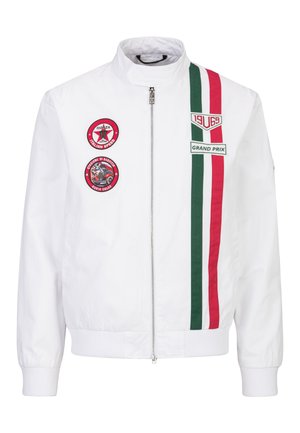 Witte jas met ritssluiting, groene en rode verticale strepen en racethema patches met de teksten "1969 Grand Prix" en "Monza Italian Speed".