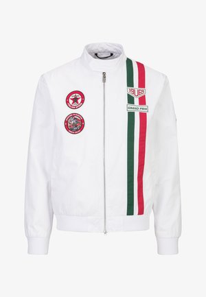 Weiße Reißverschlussjacke mit grünen und roten vertikalen Streifen sowie rennsportbezogenen Aufnähern mit der Aufschrift "1969 Grand Prix" und "Monza Italian Speed".