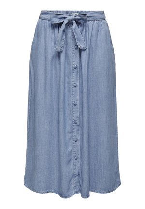Light blue denim skirt with a belted waist, button-down front, and a flowing A-line design, featuring a soft texture and knee-length cut.