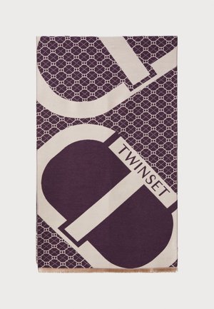 Lilla og kremfarget mønstrete skjerf med geometriske design og ordet "TWINSET", med frynsete kanter. Materialet ser mykt og teksturert ut.
