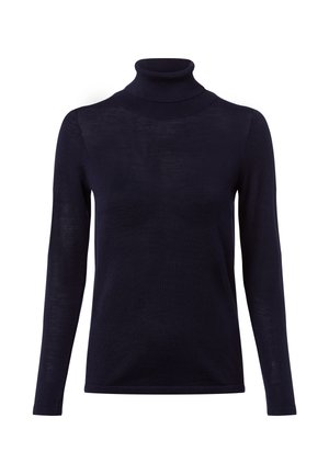 Maglione a collo alto colore blu navy realizzato in morbido tessuto a maglia; presenta maniche lunghe e un design aderente con un collo alto comodo e avvolgente.