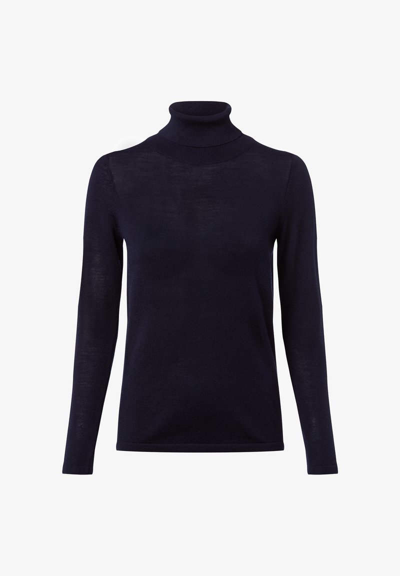 Granatowy sweter z golfem wykonany z miękkiej dzianiny; posiada długie rękawy oraz dopasowany krój z ciasnym, wysokim dekoltem.