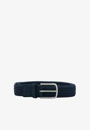 Navy woven belt made of elastic material with a smooth texture, featuring a silver metal buckle and suede-like accents on the strap.