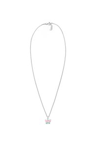 Silberne Gliederkette mit einem Schmetterlingsanhänger in Rosa- und Grüntönen. Die Kette hat einen Verschluss und eine verstellbare Länge.