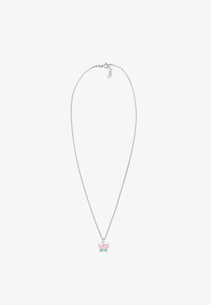 Silberne Gliederkette mit einem Schmetterlingsanhänger in Rosa- und Grüntönen. Die Kette hat einen Verschluss und eine verstellbare Länge.