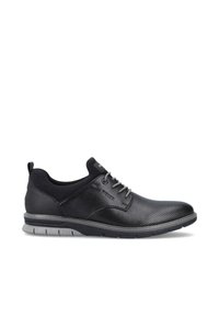 Black leather shoes with a textured, perforated design. Features lace-up closure, smooth accents, and a flexible rubber sole.