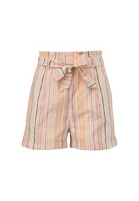 Gestreepte shorts in pastelkleuren van roze, geel en wit, met een elastische tailleband, riemdetail en opgevouwen manchetten.