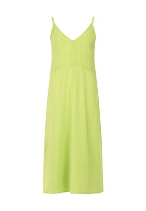 Šviesiai žalia be rankovių suknelė, pagaminta iš minkštos medžiagos; turi V formos iškirptę, susirinkusį krūtinės sritį ir širdele panašią A formos siluetą.