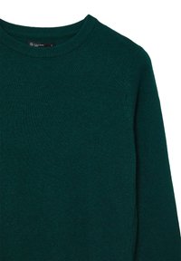 Dunkelgrüner gestrickter Pullover mit langen Ärmeln, runder Ausschnitt und geripptem Kragen, von der Vorderansicht oben gezeigt.