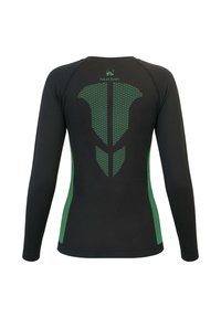 Long-sleeve black thermal shirt with green side panels and a geometric pattern on the back, featuring a logo at the neck.
