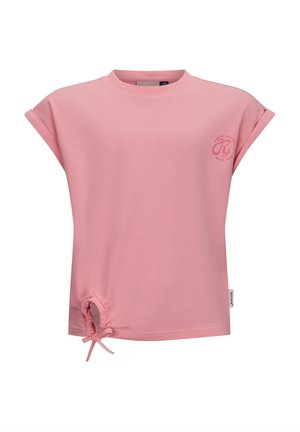 T-shirt rosa chiaro a maniche corte realizzato in cotone morbido, con colletto rotondo, dettaglio della vita arricciato su un lato e stampa del logo sul petto.