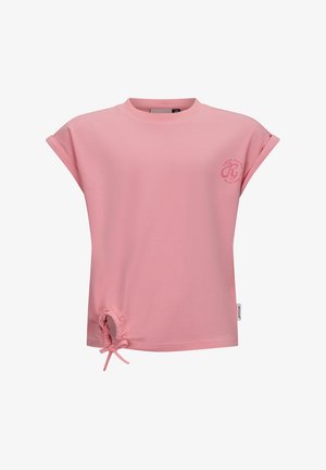 Helles rosa T-Shirt mit kurzen Ärmeln, aus weicher Baumwolle, mit rundem Halsausschnitt, gerafftem Saumdetail auf einer Seite und einem Logo-Print auf der Brust.