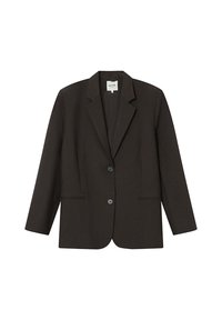 Blazer marron foncé avec un col cranté, deux poches avant et une fermeture à bouton. Coupe ajustée avec une texture de tissu lisse.