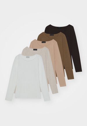 Viis pika varrukaga pluusi erinevates toonides: valge, beež, helepruun, tumepruun ja must. Igal on ümar kaelus ja pehme tekstuur.