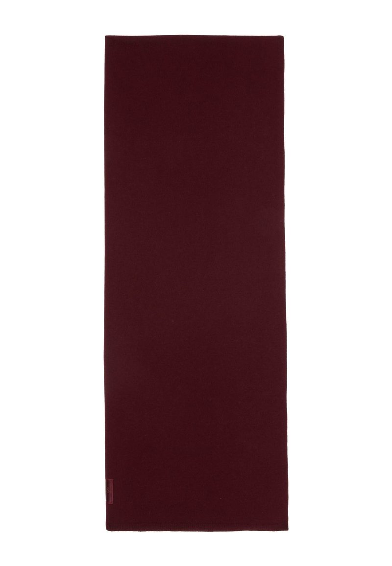 Sciarpa bordeaux con una texture liscia, forma rettangolare e bordi puliti. Presenta un piccolo etichetta con logo su un lato.
