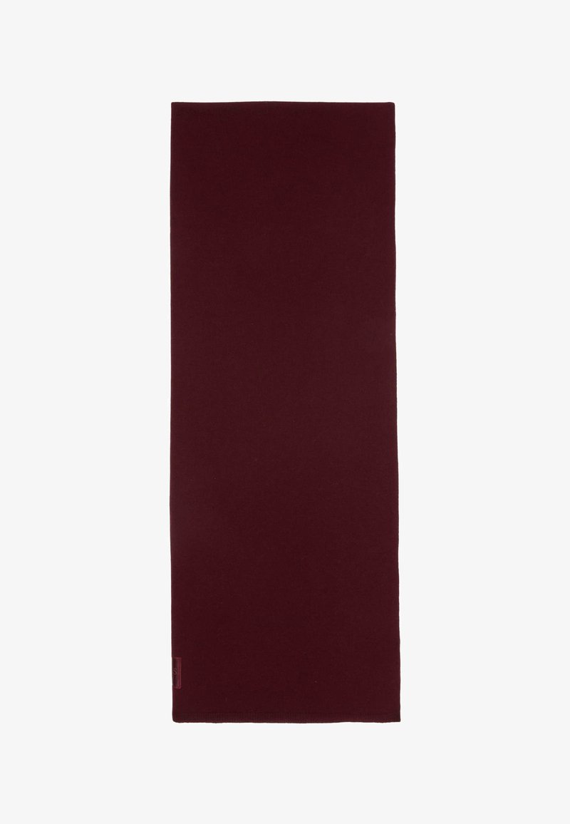 Sciarpa bordeaux con una texture liscia, forma rettangolare e bordi puliti. Presenta un piccolo etichetta con logo su un lato.