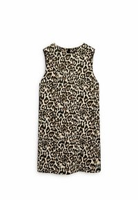 Nopea mekko, jossa on leopardikuosiset kuviot vaaleanruskeana ja tummanruskeana. Suora leikkaus, pyöreä pääntie ja ilman kiinnityksiä.