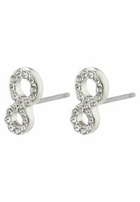 Cercei cu agățătoare din metal de culoare argintie, în formă de cifra 8, împodobiți cu pietricele strălucitoare, rotunde, de-a lungul marginilor. Spate cu broșă metalică.