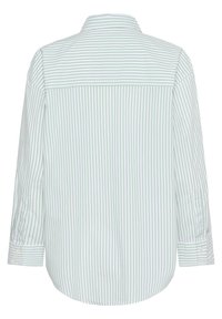 Striped shirt in white and light green, made of cotton. Features a button-down collar, long sleeves, and rounded hem.