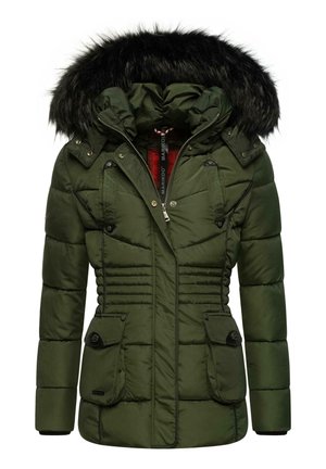 Green padded parka with a detachable black faux fur hood. Features zip and button closure, two front pockets, and stitched detailing.
