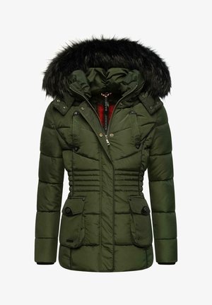 Grüne gepolsterte Parka mit abnehmbarem schwarzen Kunstpelzkragen. Verfügt über einen Reißverschluss und einen Knopfverschluss, zwei Fronttaschen und gestickte Details.