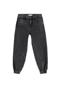 Mustat denimi jogginghousut, joissa on elastiset hihnat ja kapeneva muotoilu. Niissä on etutaskut ja klassinen viitostasku muotoilu.