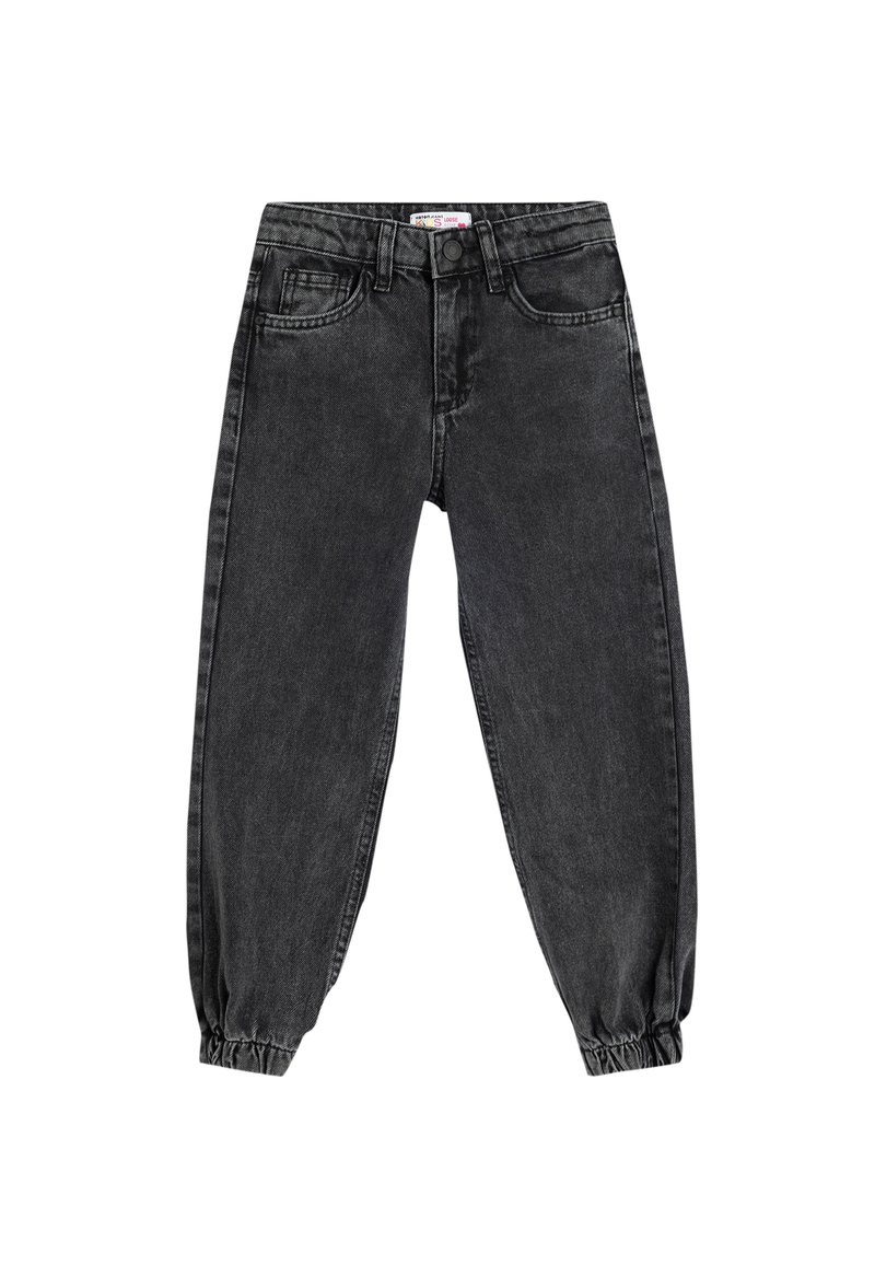 Mustat denimi jogginghousut, joissa on elastiset hihnat ja kapeneva muotoilu. Niissä on etutaskut ja klassinen viitostasku muotoilu.