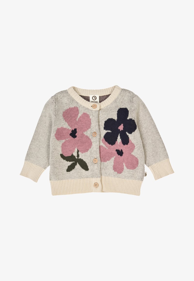 Light grey knitted cardigan with large pink and navy floral patterns, ribbed cuffs and hem, and wooden buttons at the front.
