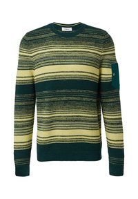 Maglione a righe verdi e gialle con scollatura rotonda, maniche lunghe, motivo a maglia testurizzata e una tasca applicata sulla manica sinistra.