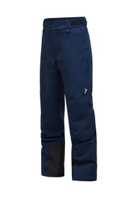 Navy blue ski pants made from water-resistant material, featuring a sleek design, belt loops, and black accent panels on lower legs.