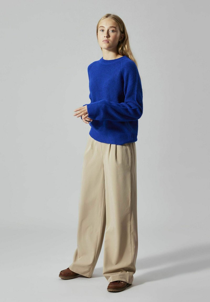 Blauer Strickpullover mit Rundhalsausschnitt und langen Ärmeln, kombiniert mit beigefarbener weit geschnittener Hose und braunen Schuhen. Einfaches, strukturiertes Design.