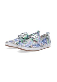 Bunte Slipper mit einem strukturierten, mehrfarbigen Synthesematerial-Obermaterial mit einem gewebten Muster, weißen Nähten und einer flexiblen Gummisohle.