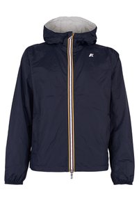 Veste légère à capuche bleu marine avec fermeture éclair frontale ornée de rayures blanches, jaunes et rouges ainsi que des poignets élastiques.