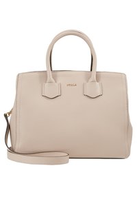 Beżowa skórzana torba na ramię o wyraźnej strukturze, z podwójnymi uchwytami u góry i odczepianym paskiem na ramię. Posiada subtelne logo z przodu.