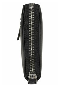 Black wallet with textured material and silver zipper detail along the edge. Zipper closure with metal hardware and flat rectangular shape.