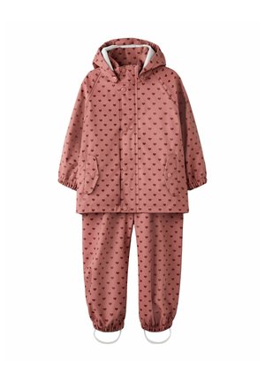 Pink waterproof rain suit with small heart patterns, featuring a hood, elastic cuffs, and snap closure on the jacket and pants.