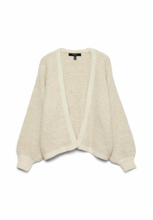 Cárdigan crema hecho de tela de punto texturizada, con un escote en V profundo, hombros caídos y mangas anchas con puños acanalados.