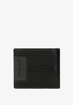 Zwarte leren portemonnee met een gestructureerd oppervlak, voorzien van een groen accentpaneel en grijze stiknaden. Bevat vier kaarthouders en heeft een minimalistisch ontwerp.