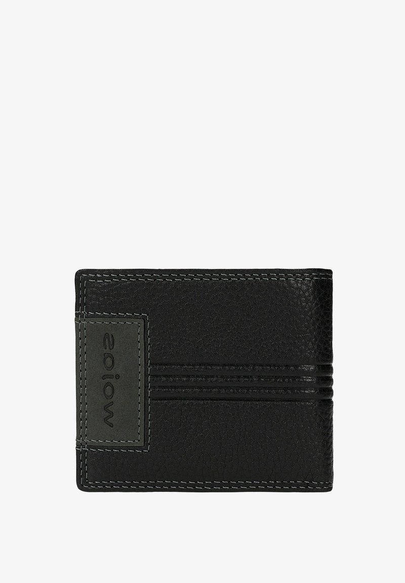 Zwarte leren portemonnee met een gestructureerd oppervlak, voorzien van een groen accentpaneel en grijze stiknaden. Bevat vier kaarthouders en heeft een minimalistisch ontwerp.