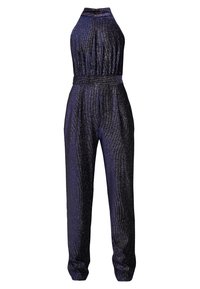 Mono navy brillante con cuello halter, corte relajado, cintura elastizada y perneras ajustadas; presenta un sutil patrón de purpurina en todo su diseño.