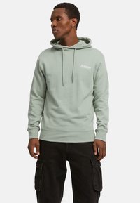Sudadera verde claro con cordón, puños acanalados y un bolsillo tipo canguro en la parte delantera. Presenta un pequeño logotipo blanco en el pecho.